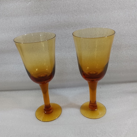 2 Hand Blown MCM Retro Stemmed Amber Glasses Water Wine Glasses - Picture 1 of 6